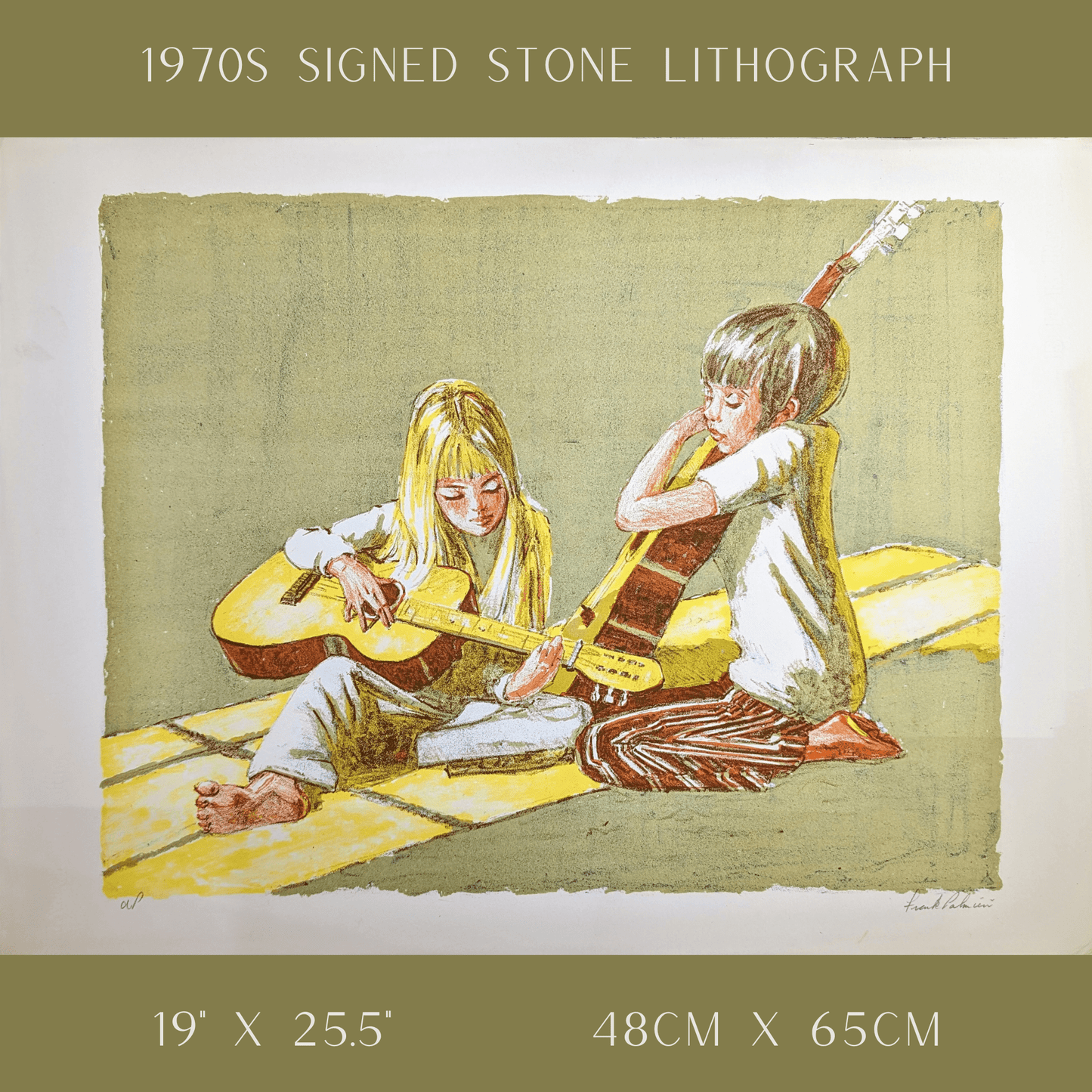 Children's Duet by Frank Palmieri, vintage signed and serial numbered stone lithograph circa 1970 - Stone Lithograph - Pink Flamingos