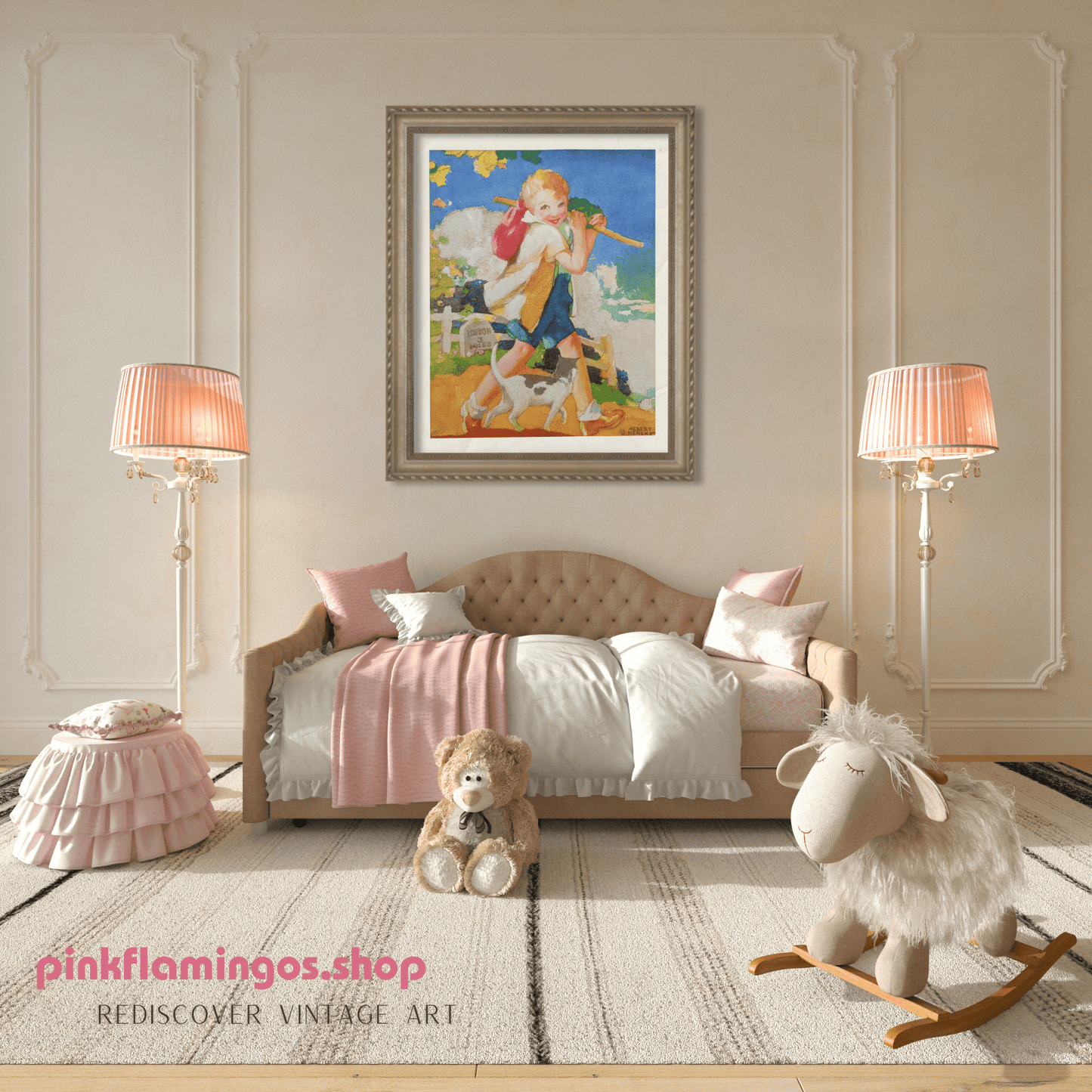 Dick Whittington by Albert Hencke | 1930s Vintage Lithograph | Classic Nursery Print - Offset Lithograph - Pink Flamingos