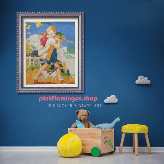 Dick Whittington by Albert Hencke | 1930s Vintage Lithograph | Classic Nursery Print - Offset Lithograph - Pink Flamingos