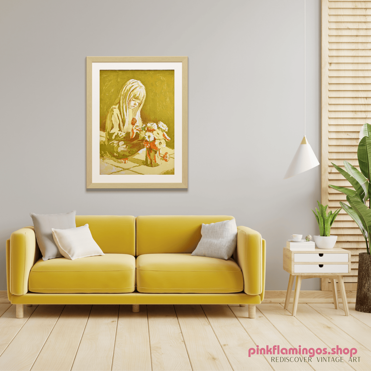 Girl Arranging Flowers by Frank Palmieri, vintage signed and serial numbered stone lithograph circa 1970 - Stone Lithograph - Pink Flamingos