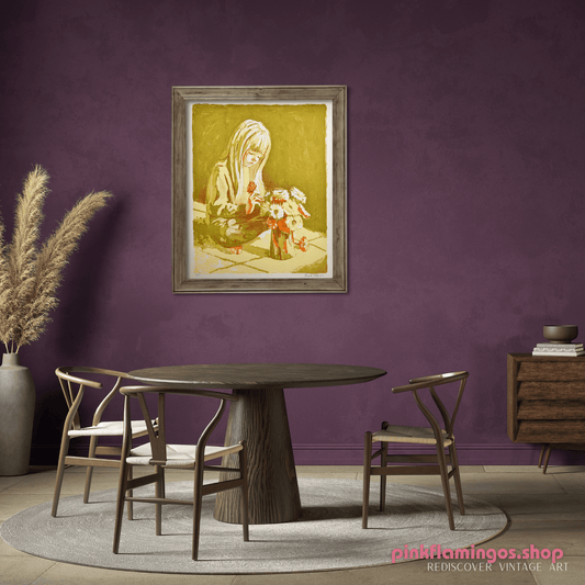 Girl Arranging Flowers by Frank Palmieri, vintage signed and serial numbered stone lithograph circa 1970 - Stone Lithograph - Pink Flamingos