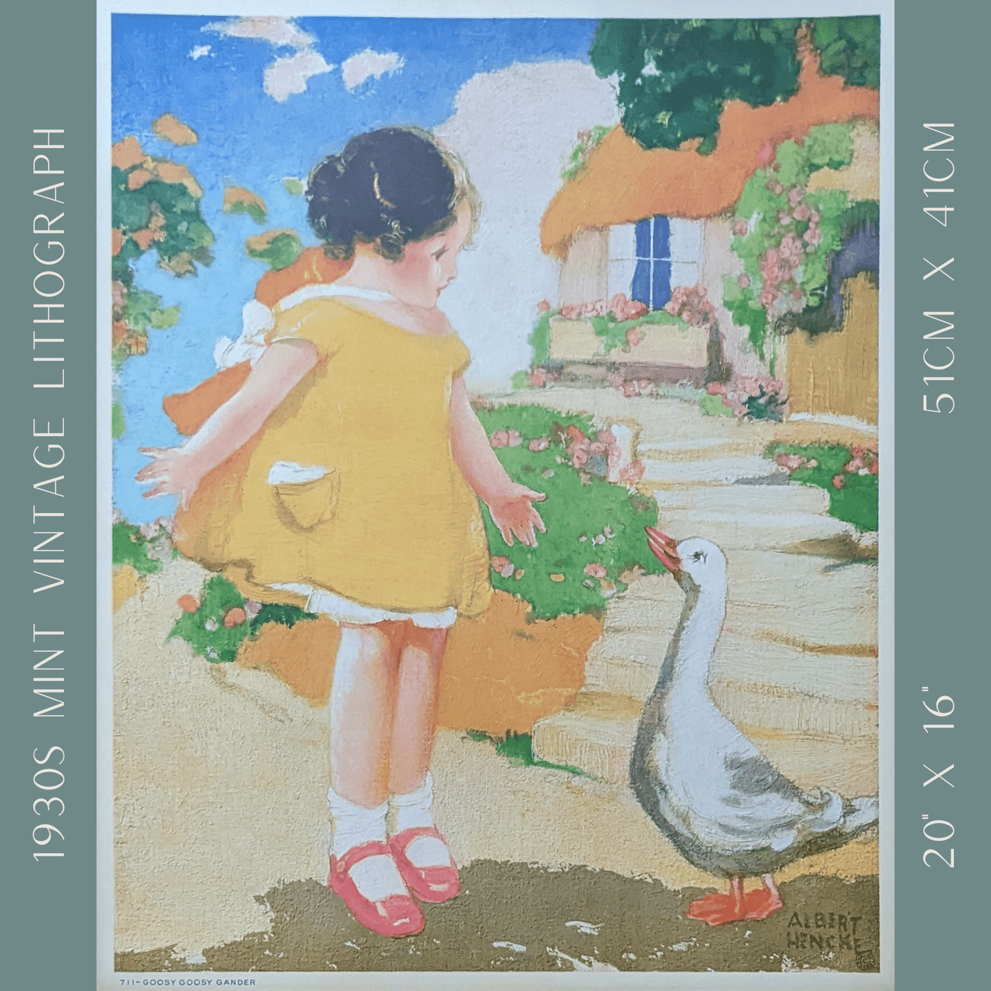 Goosy Goosy Gander by Hencke | 1930s Vintage Lithograph | Classic Nursery Wall Art - Offset Lithograph - Pink Flamingos