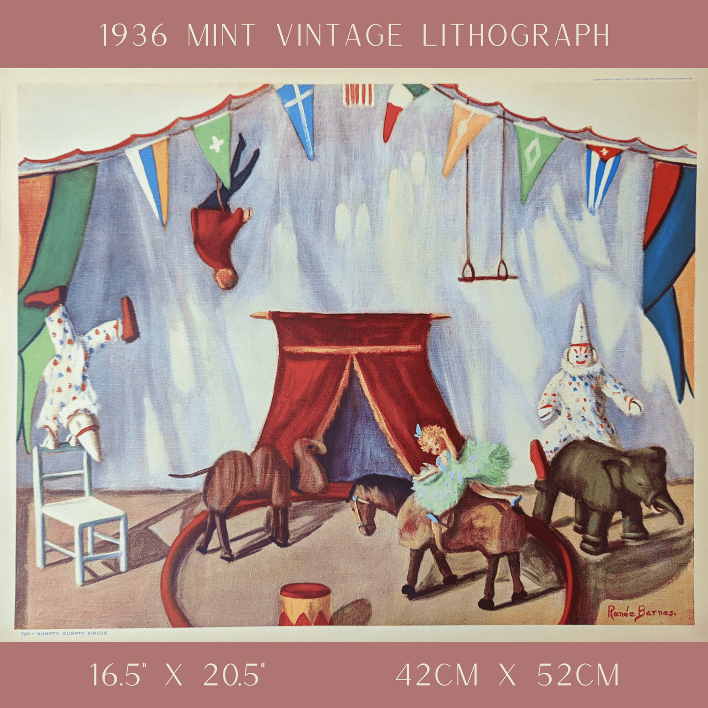 Humpty Dumpty Circus by Renée Barnes | 1930s Vintage Lithograph | Whimsical Toy Room Wall Art - Offset Lithograph - Pink Flamingos