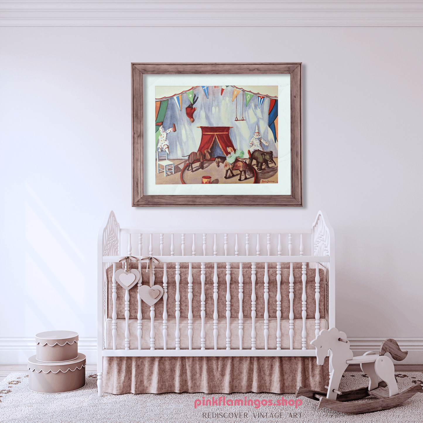 Humpty Dumpty Circus by Renée Barnes | 1930s Vintage Lithograph | Whimsical Toy Room Wall Art - Offset Lithograph - Pink Flamingos