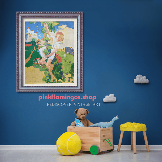 Jack and the Beanstalk by Hencke, mint condition authentic vintage lithograph printed in the 1930s - Offset Lithograph - Pink Flamingos