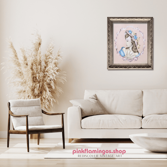 Lady Profile in Peach by Terone | 1943 Beautytone Vintage Lithograph | Regency Wall Art - Offset Lithograph - Pink Flamingos