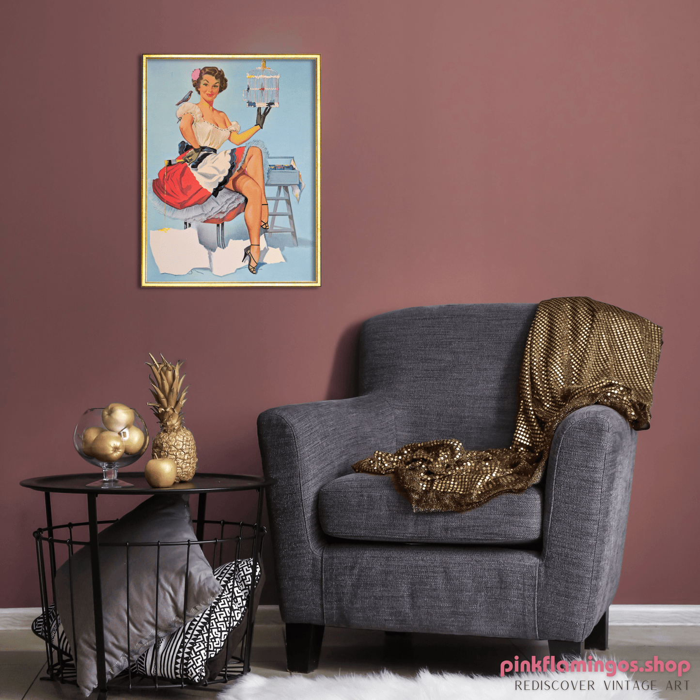 Painting the Birdcage by Peter Darro | 1940s - 50s Style Pinup | 1980s Glossy Lithograph - Pink Flamingos