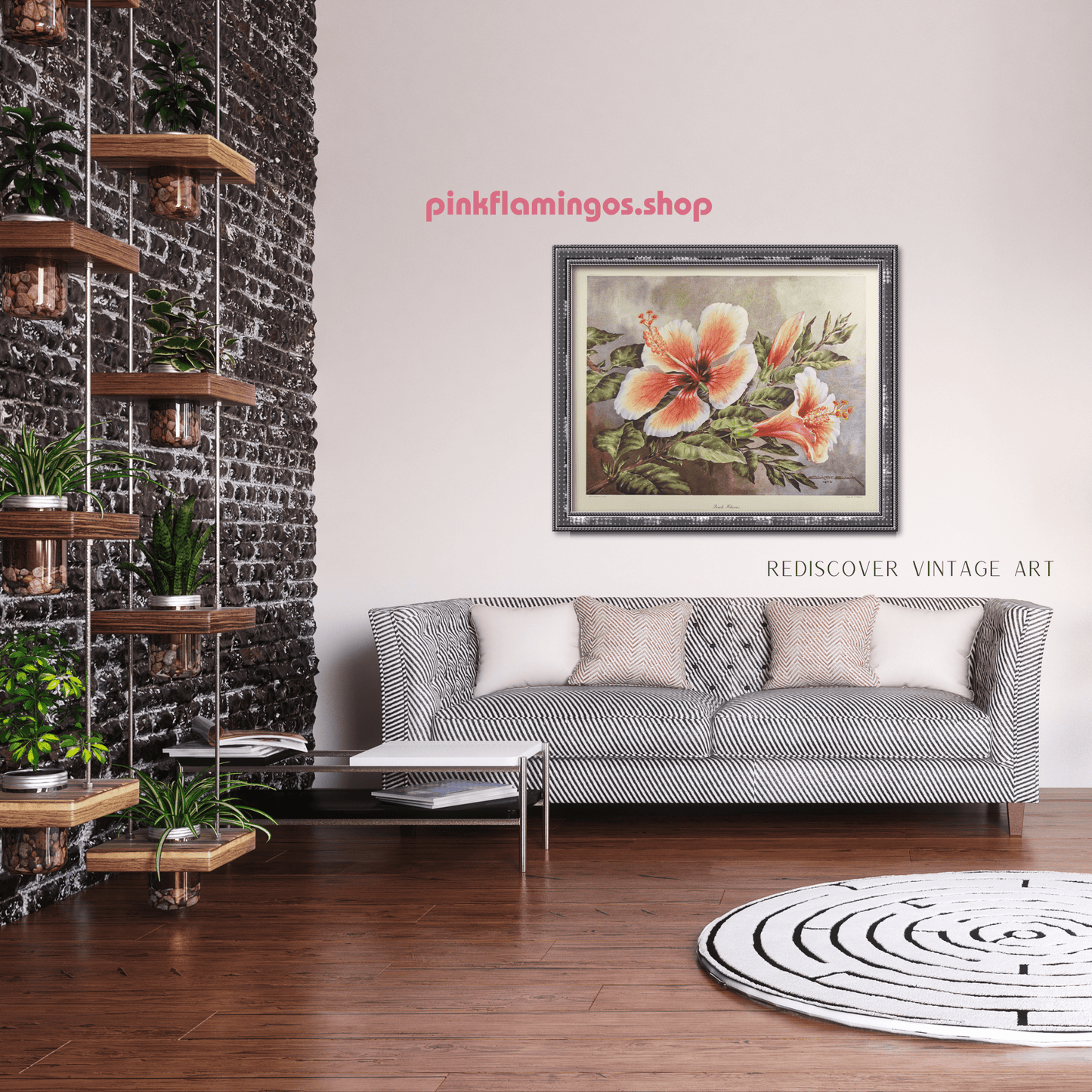 Peach Hibiscus by Erich F.T. Schenk | 1940s Vintage Floral Lithograph | Tropical Wall Art - Offset Lithograph - Pink Flamingos