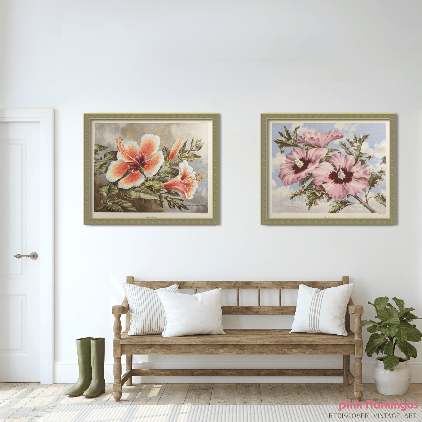Peach Hibiscus by Erich F.T. Schenk | 1940s Vintage Floral Lithograph | Tropical Wall Art - Offset Lithograph - Pink Flamingos
