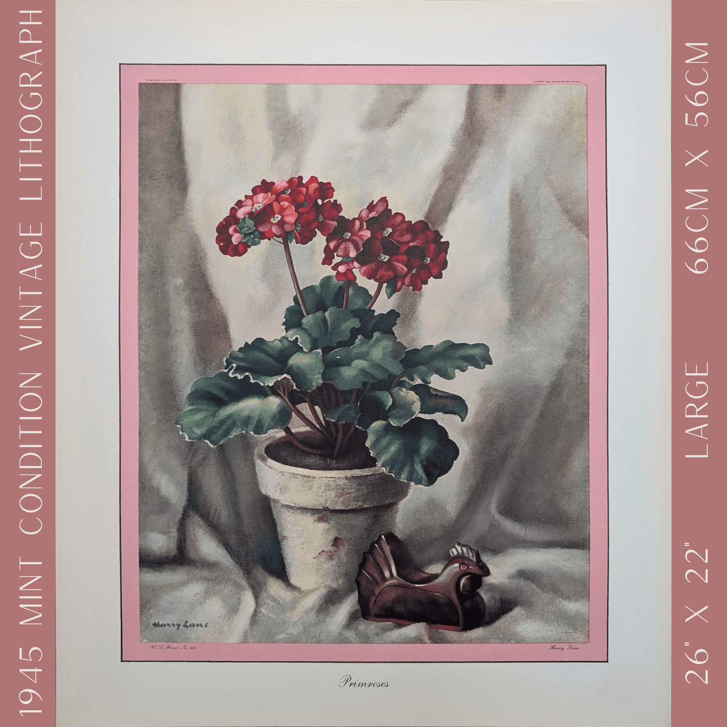 Primroses, still life by Harry Lane, mint condition vintage lithograph printed in 1945 - Offset Lithograph - Pink Flamingos