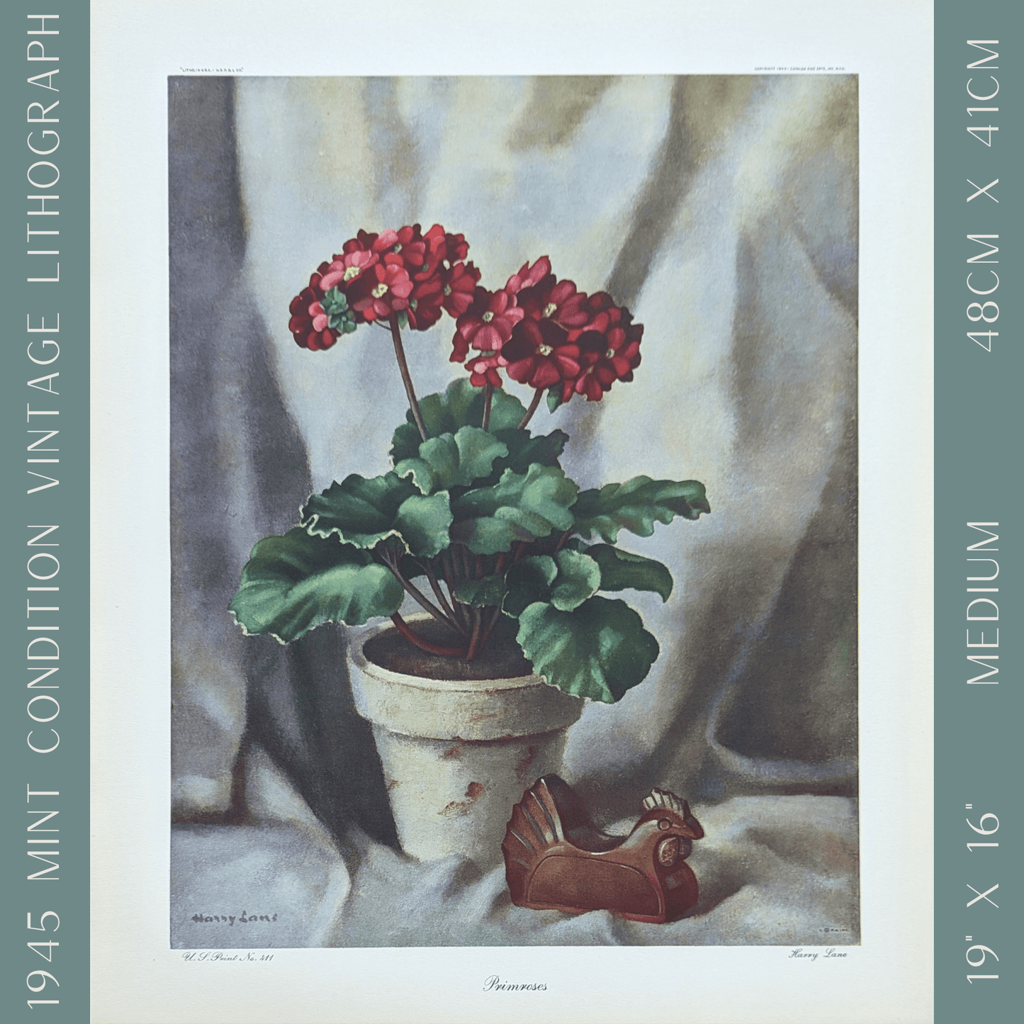 Primroses, still life by Harry Lane, mint condition vintage lithograph printed in 1945 - Offset Lithograph - Pink Flamingos