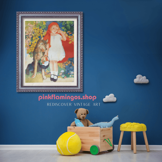 Red Riding Hood by Albert Hencke | 1930s Vintage Lithograph | Classic Nursery Fairytale Print - Offset Lithograph - Pink Flamingos