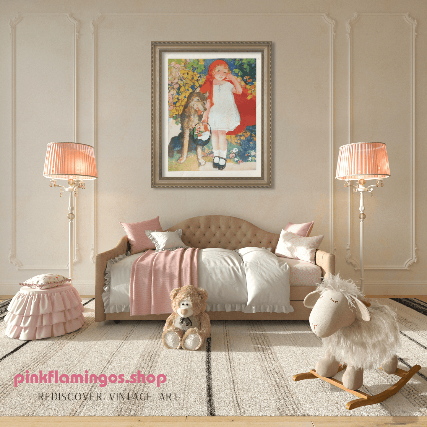 Red Riding Hood by Albert Hencke | 1930s Vintage Lithograph | Classic Nursery Fairytale Print - Offset Lithograph - Pink Flamingos