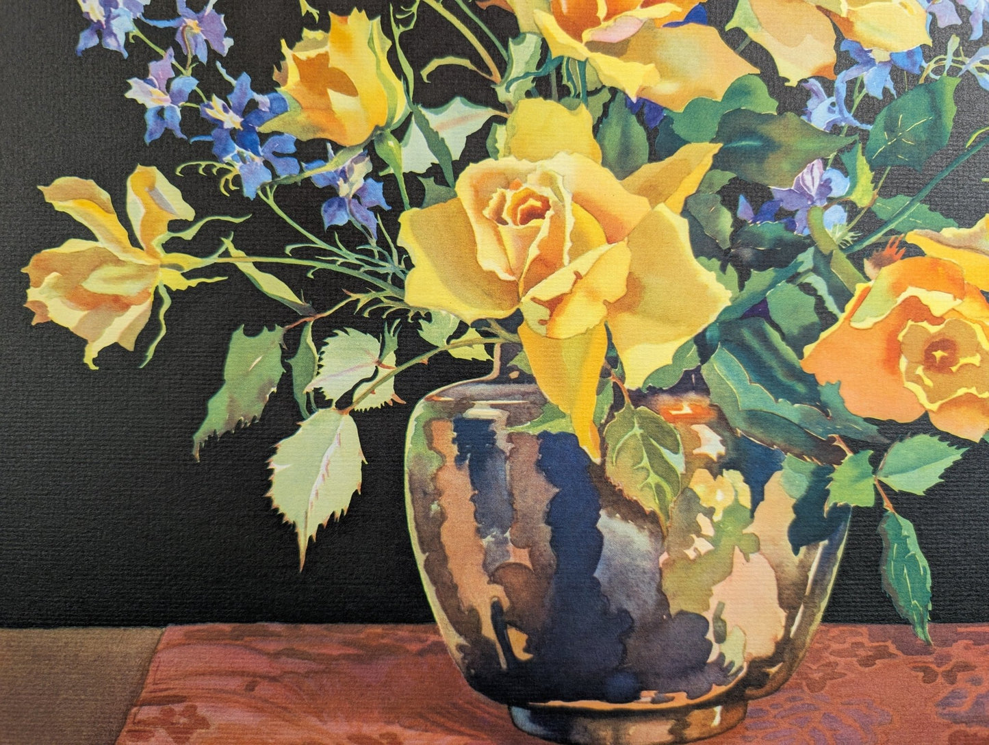 Roses and Larkspur by Mary and Nelson Grofe, mint condition vintage still life lithograph printed in the 1940s - Offset Lithograph - Pink Flamingos
