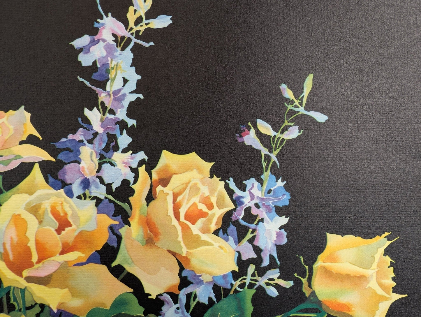 Roses and Larkspur by Mary and Nelson Grofe, mint condition vintage still life lithograph printed in the 1940s - Offset Lithograph - Pink Flamingos