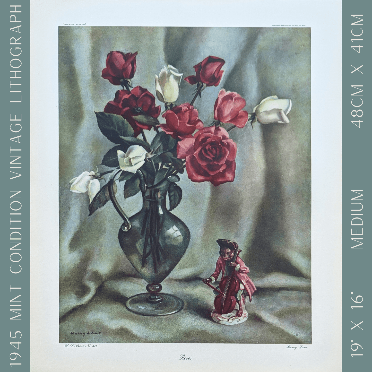 Roses by Harry Lane | 1945 Vintage Lithograph | Still Life Floral Wall Art - Offset Lithograph - Pink Flamingos