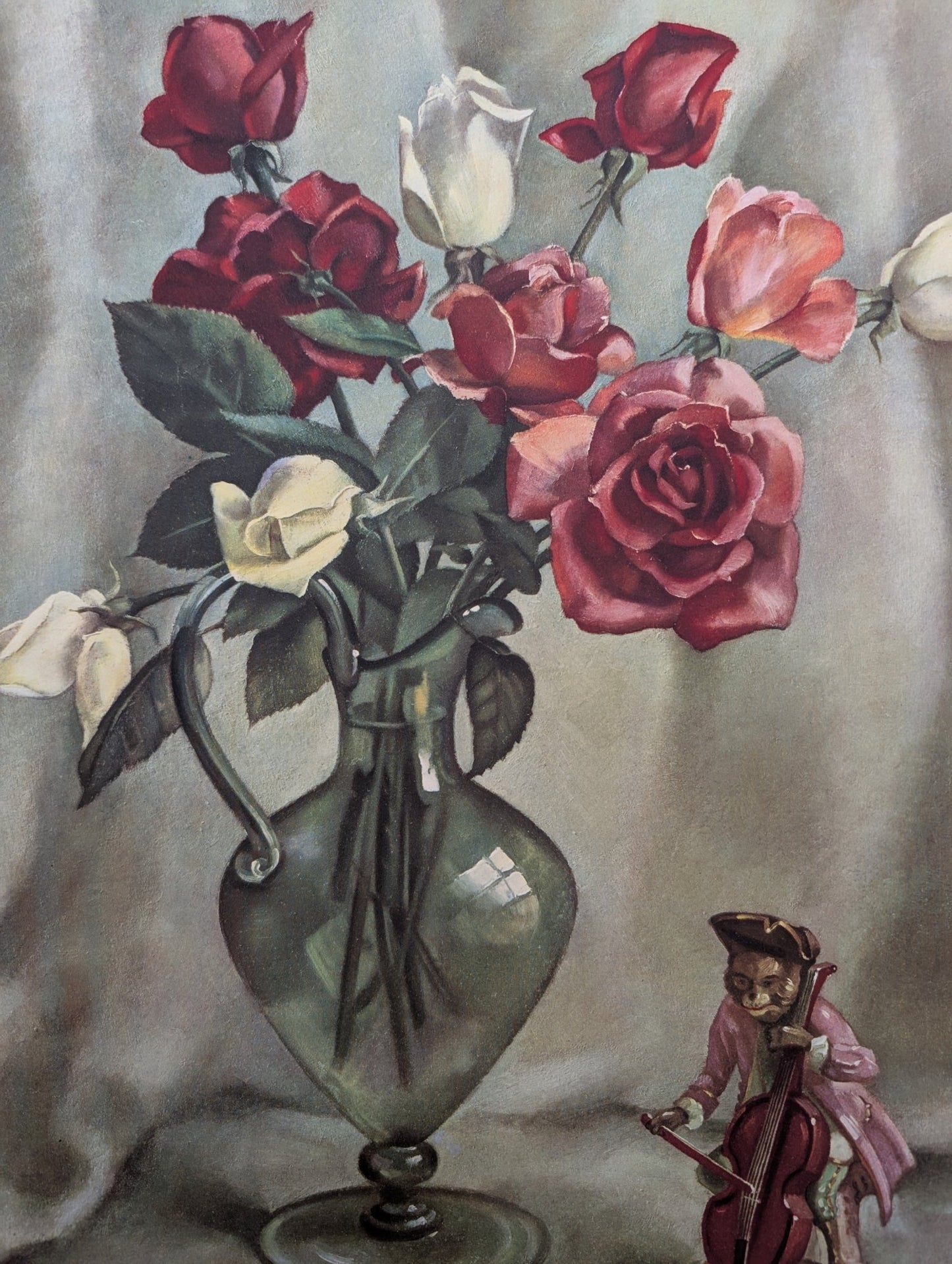 Roses by Harry Lane | 1945 Vintage Lithograph | Still Life Floral Wall Art - Offset Lithograph - Pink Flamingos