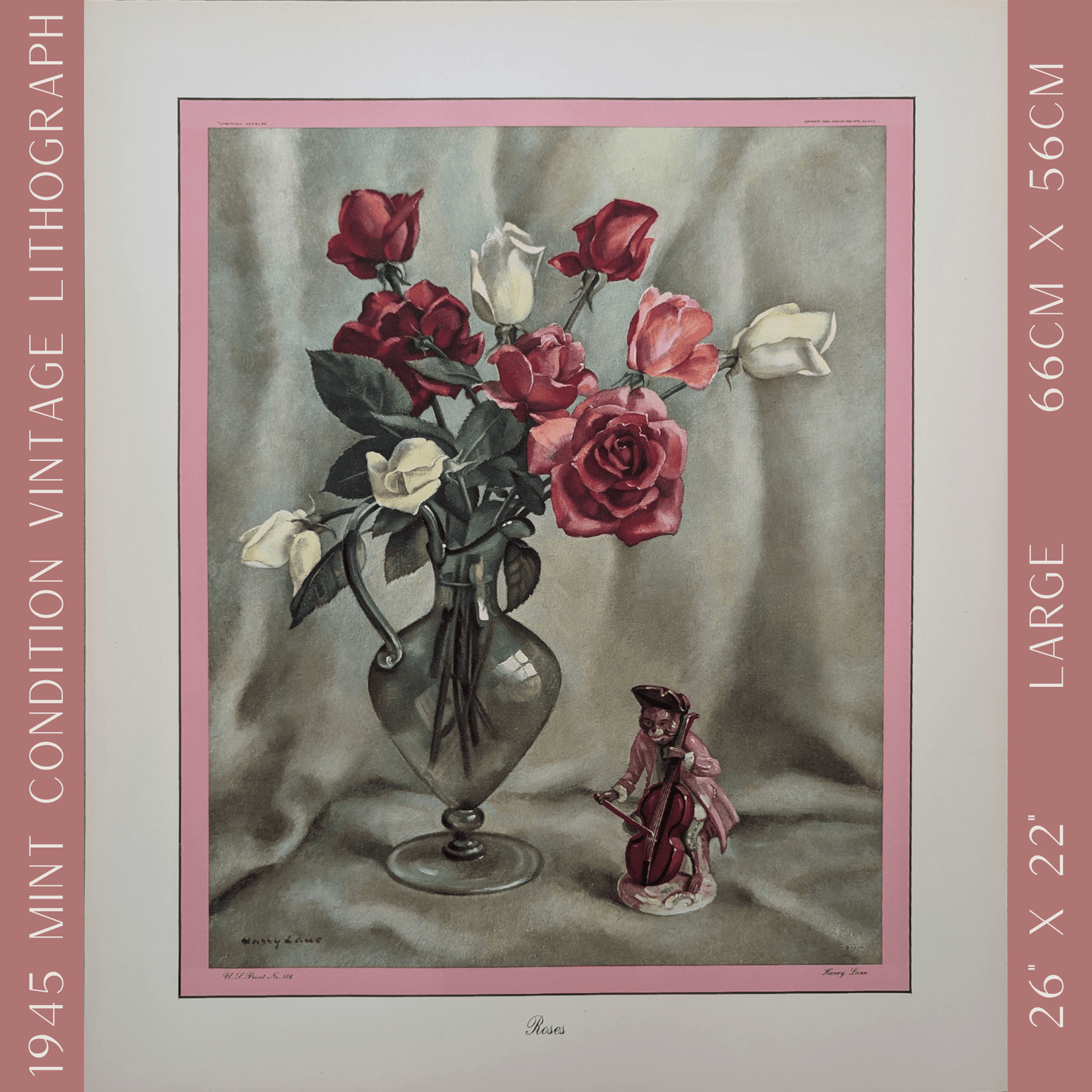 Roses by Harry Lane | 1945 Vintage Lithograph | Still Life Floral Wall Art - Offset Lithograph - Pink Flamingos