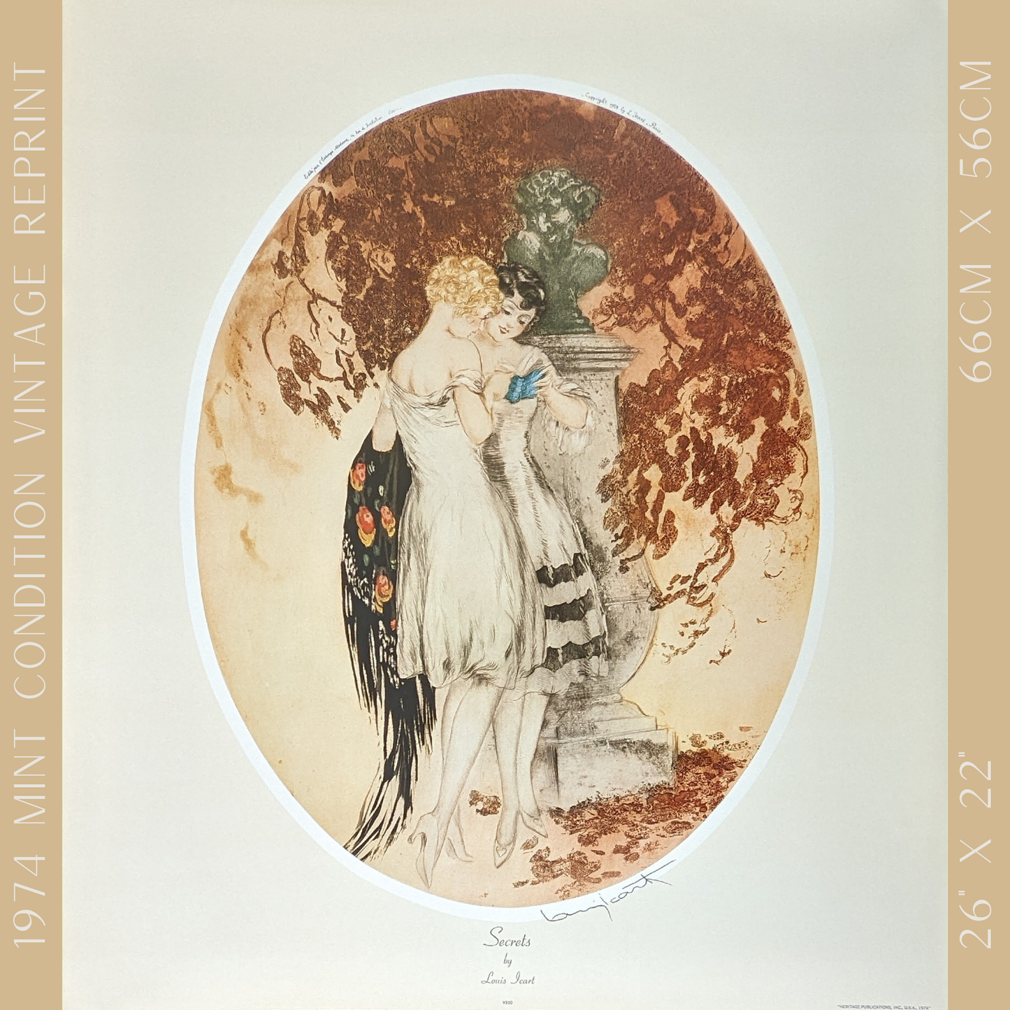 Secrets by Louis Icart, mint condition vintage French Art Deco lithograph printed in the 1970s - Offset Lithograph - Pink Flamingos