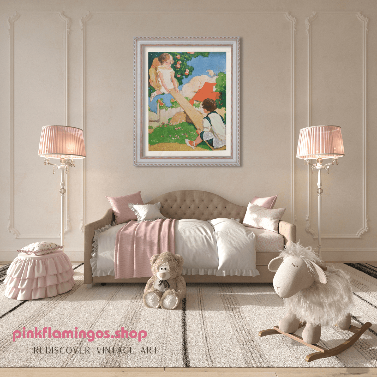 See Saw by Albert Hencke | 1930s Vintage Lithograph | Whimsical Nursery Wall Art - Offset Lithograph - Pink Flamingos