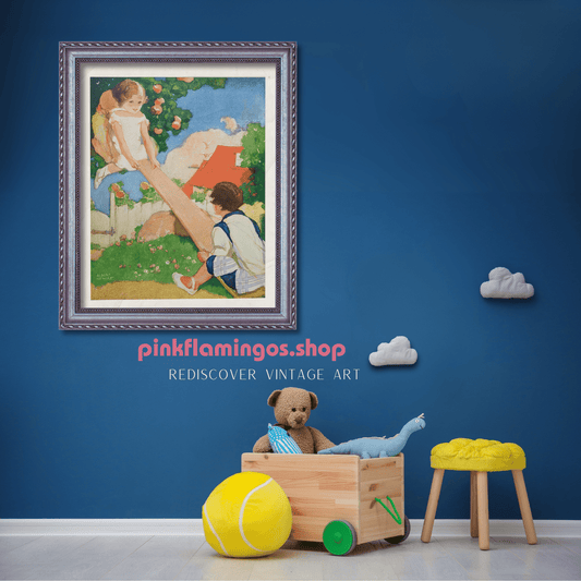 See Saw by Albert Hencke | 1930s Vintage Lithograph | Whimsical Nursery Wall Art - Offset Lithograph - Pink Flamingos