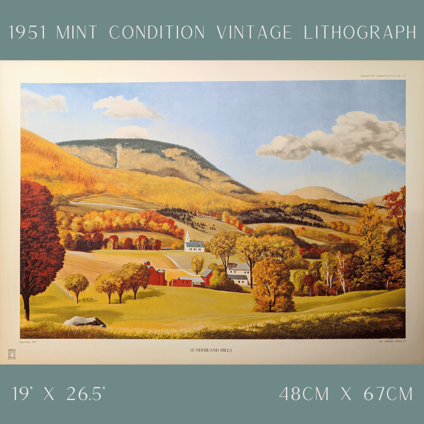 Sunderland Hills by James Ashley | 1950s Americana Landscape | Vintage Offset Lithograph - Offset Lithograph - Pink Flamingos