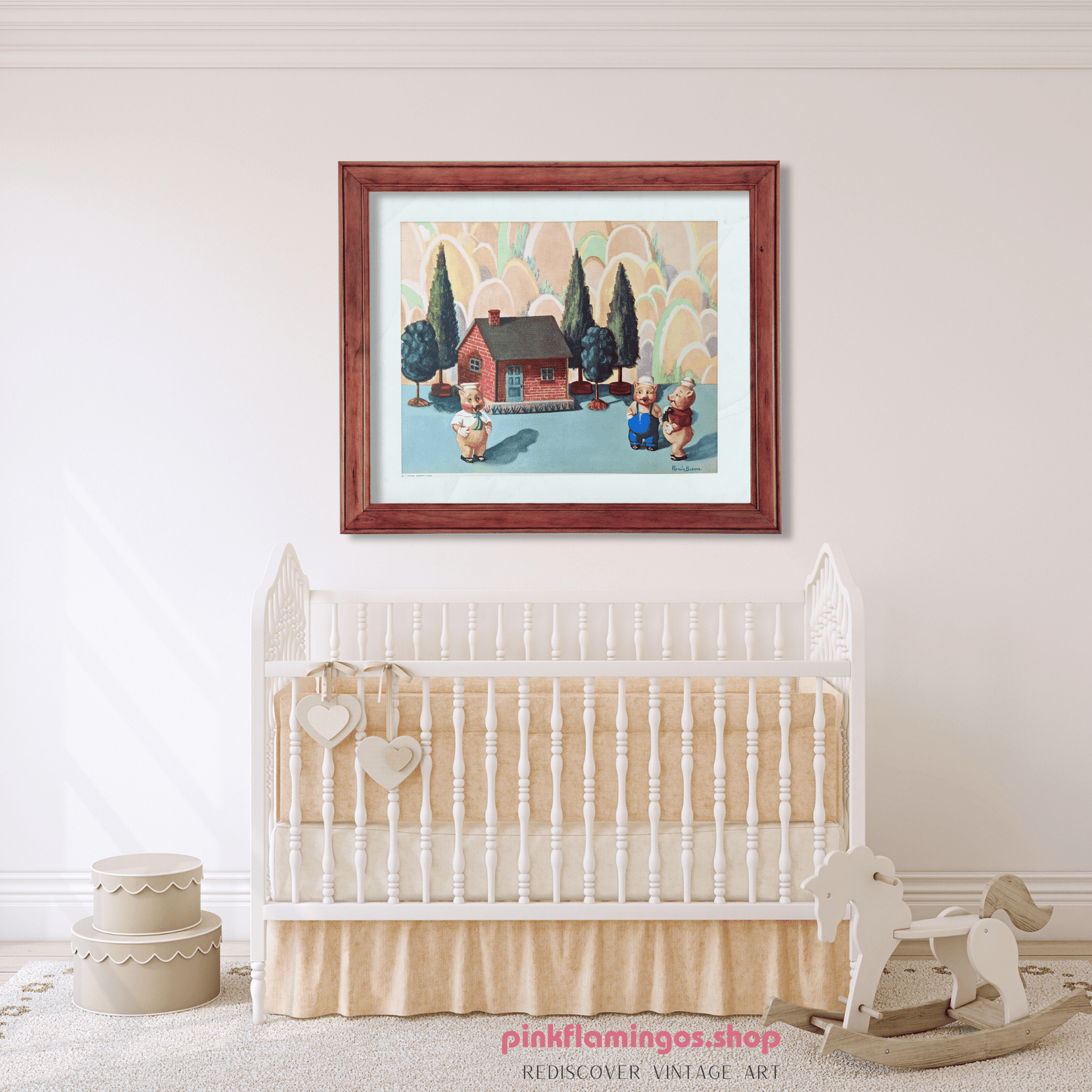 Three Happy Pigs by Renée Barnes | 1930s Vintage Lithograph | Fairytale Nursery Wall Art - Offset Lithograph - Pink Flamingos