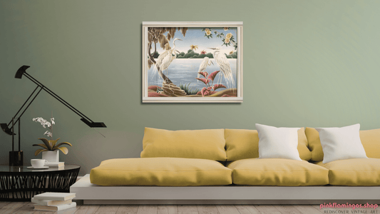 Turner Egrets vintage lithograph reproduction styled in a modern living room over a yellow couch