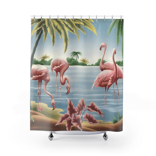 Turner Flamingo Shower Curtain — Vintage Tropical Bird Lithograph Bathroom Decor - Home Decor - Pink Flamingos