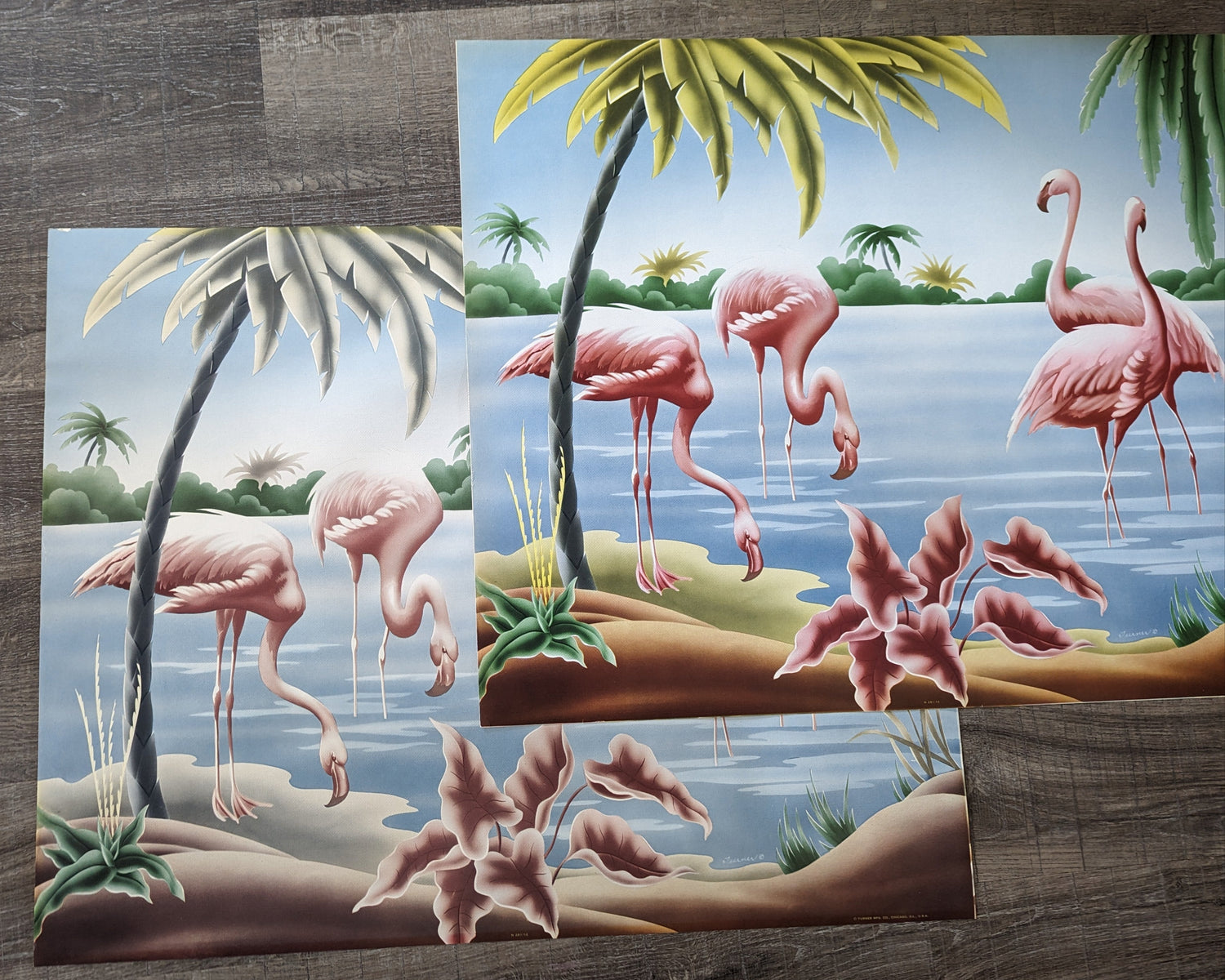 Side-by-side comparison of Turner Flamingos vintage lithographs: left print aged from decades of display, right print in mint condition from archived inventory, both printed in the 1980s.