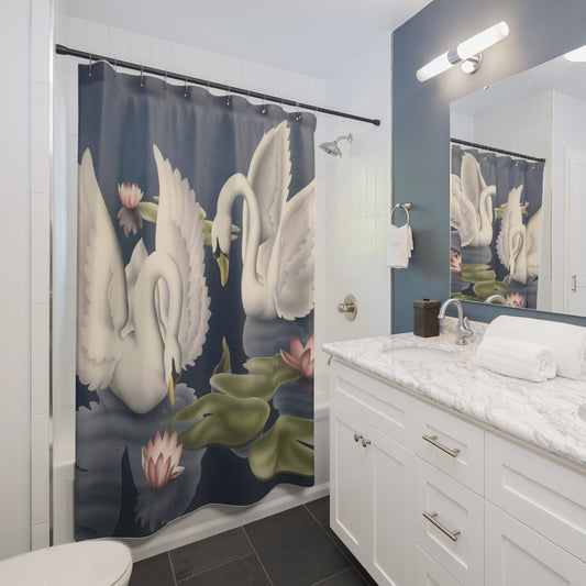 Turner Swan Shower Curtain — Vintage Bird Lithograph with Water Lilies Bathroom Decor - Home Decor - Pink Flamingos