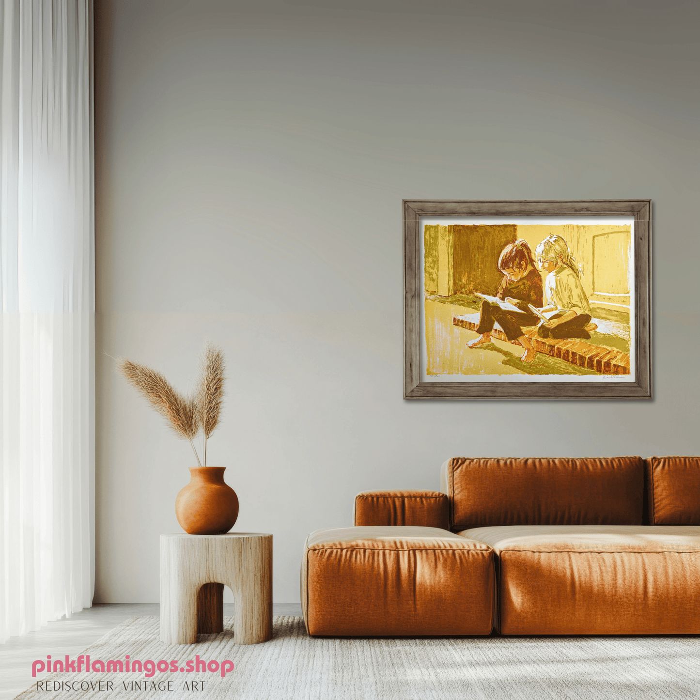 Two Girls Reading a Book by Frank Palmieri, vintage signed and serial numbered stone lithograph circa 1970 - Stone Lithograph - Pink Flamingos