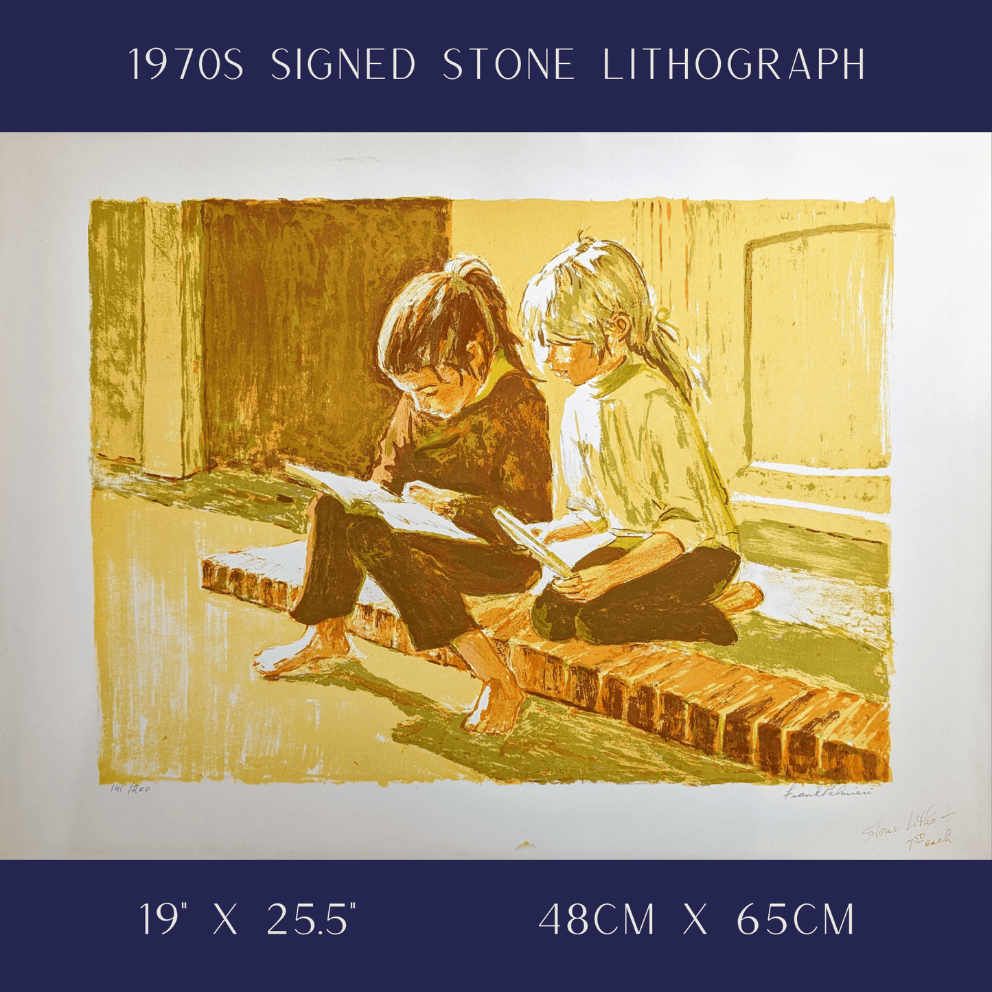 Two Girls Reading a Book by Frank Palmieri, vintage signed and serial numbered stone lithograph circa 1970 - Stone Lithograph - Pink Flamingos