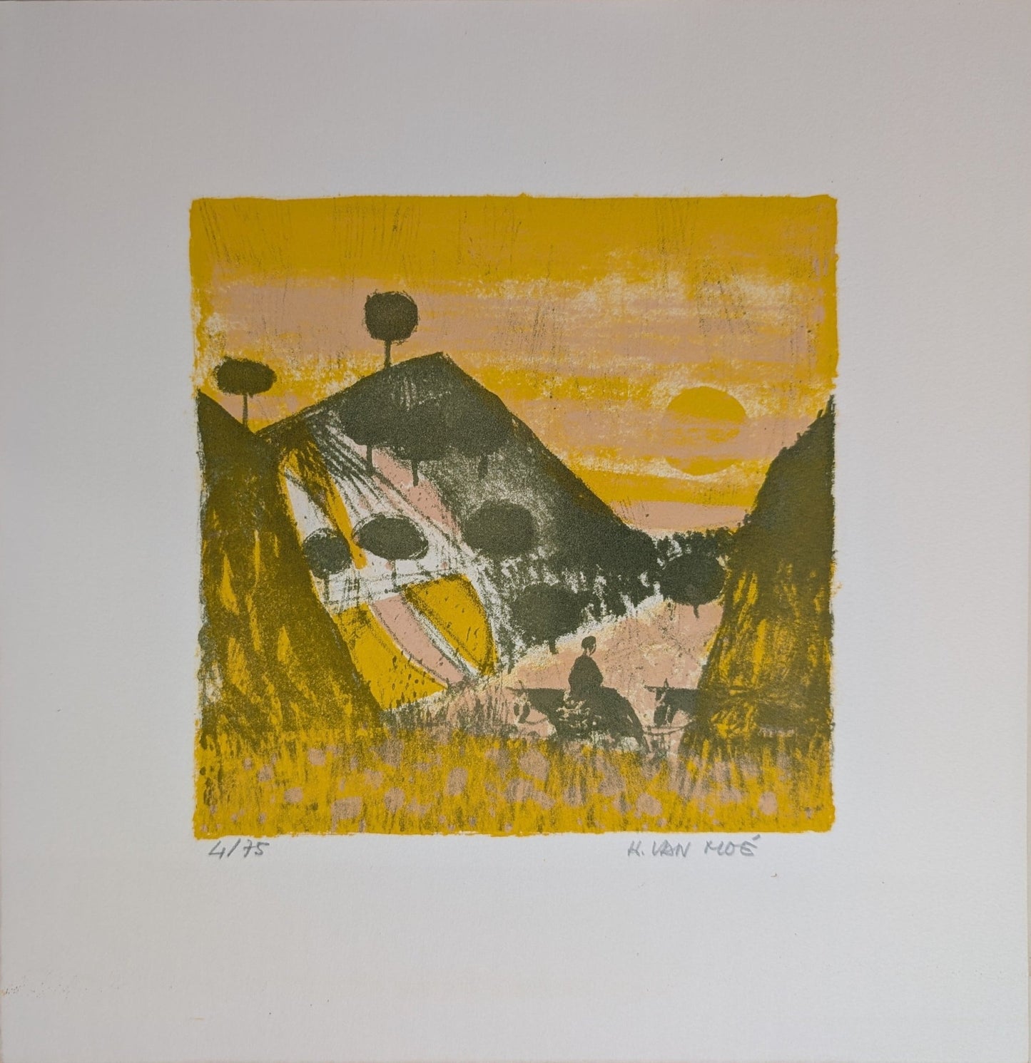 Untitled Landscape by Henri Van Moe | 1960s Signed Limited Edition | Sunset Mountain Scene - Lithograph - Pink Flamingos