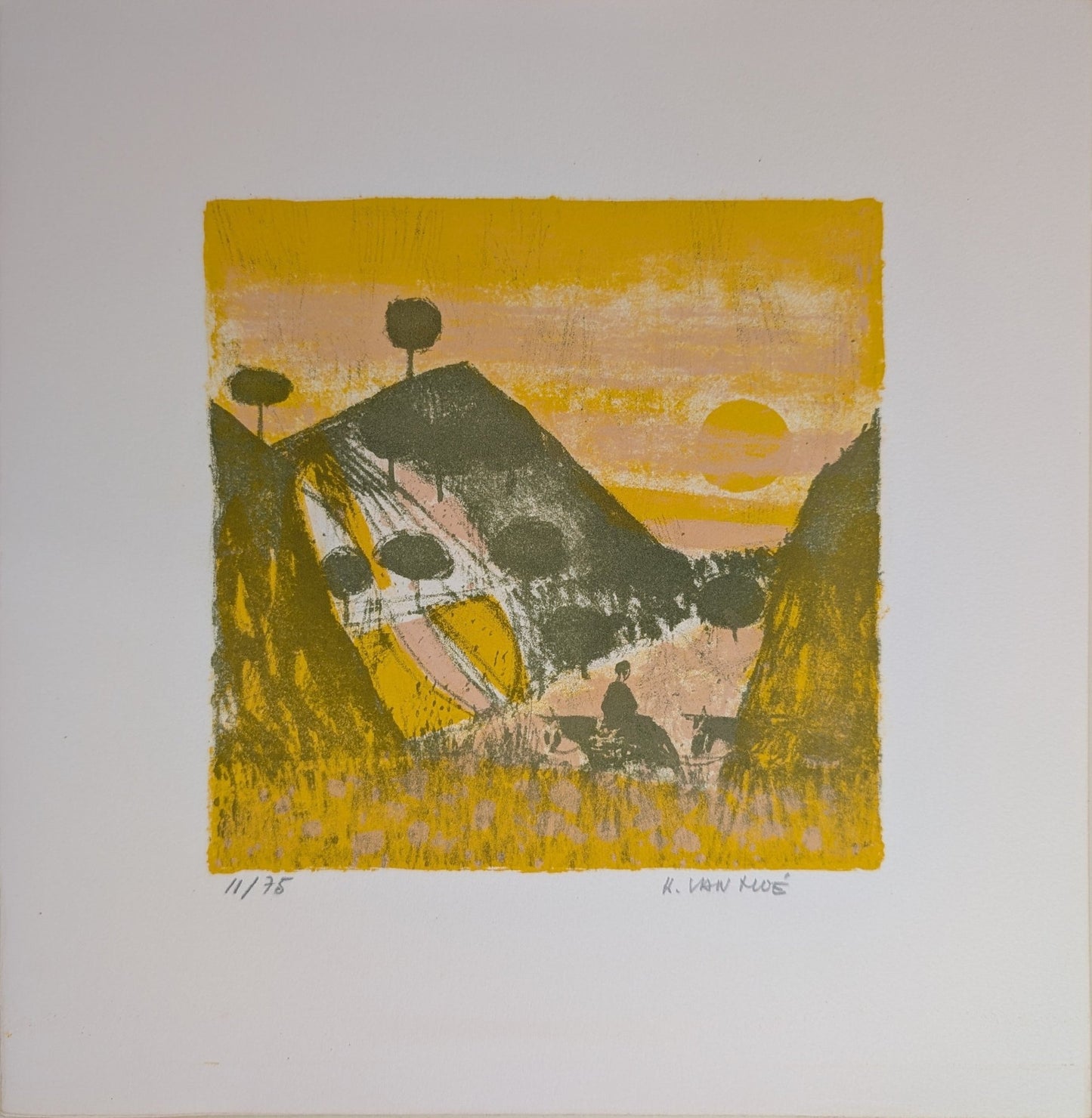Untitled Landscape by Henri Van Moe | 1960s Signed Limited Edition | Sunset Mountain Scene - Lithograph - Pink Flamingos