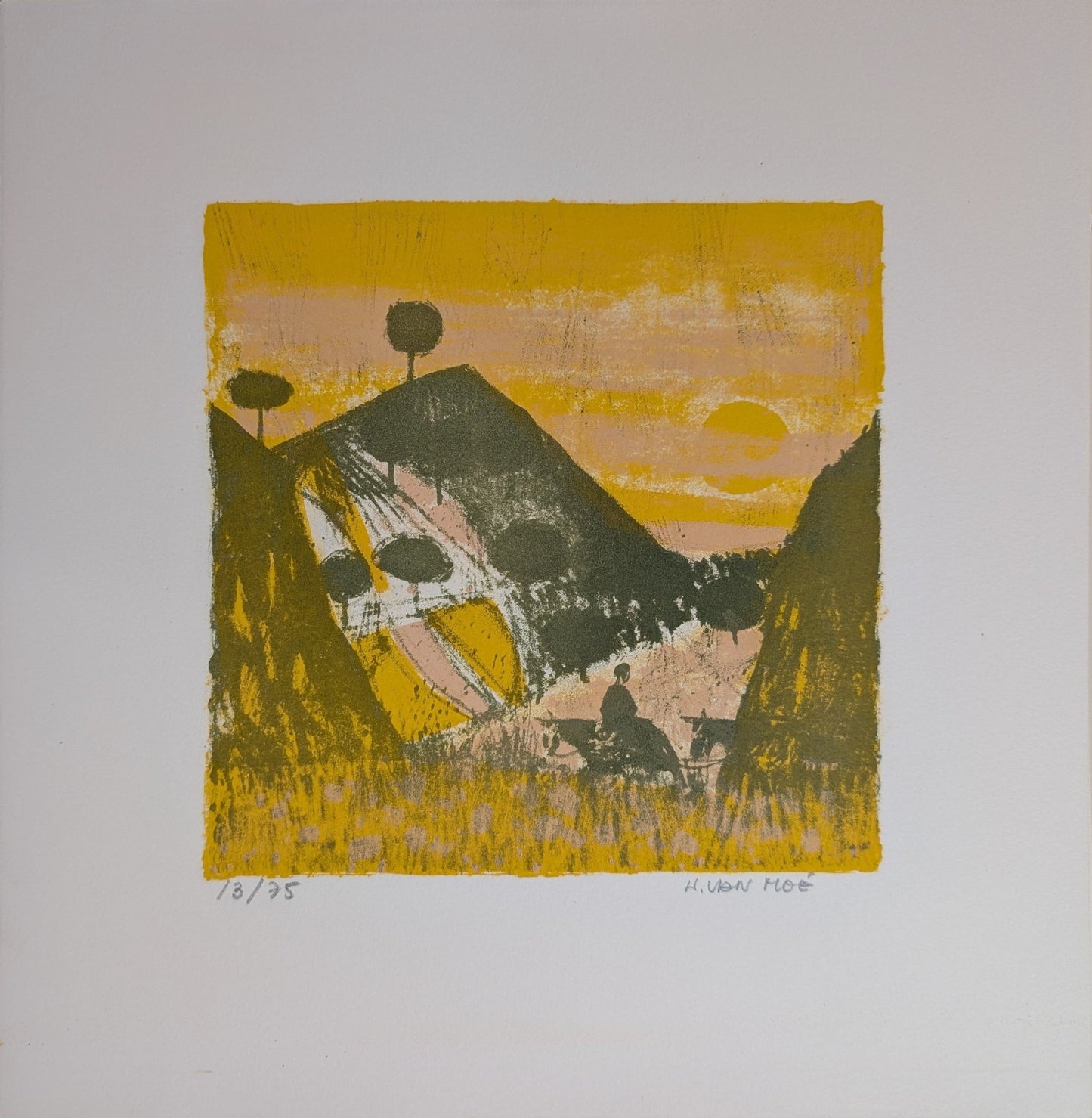 Untitled Landscape by Henri Van Moe | 1960s Signed Limited Edition | Sunset Mountain Scene - Lithograph - Pink Flamingos