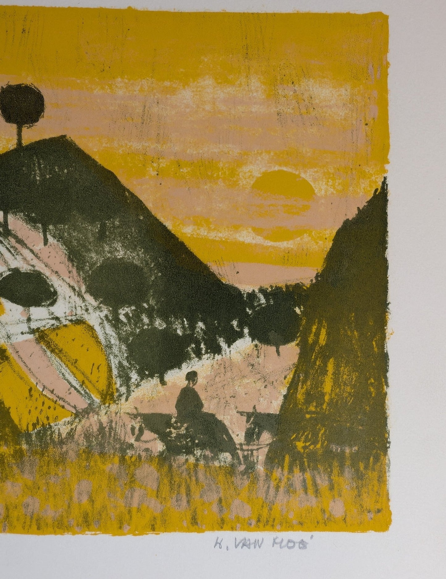Untitled Landscape by Henri Van Moe | 1960s Signed Limited Edition | Sunset Mountain Scene - Lithograph - Pink Flamingos