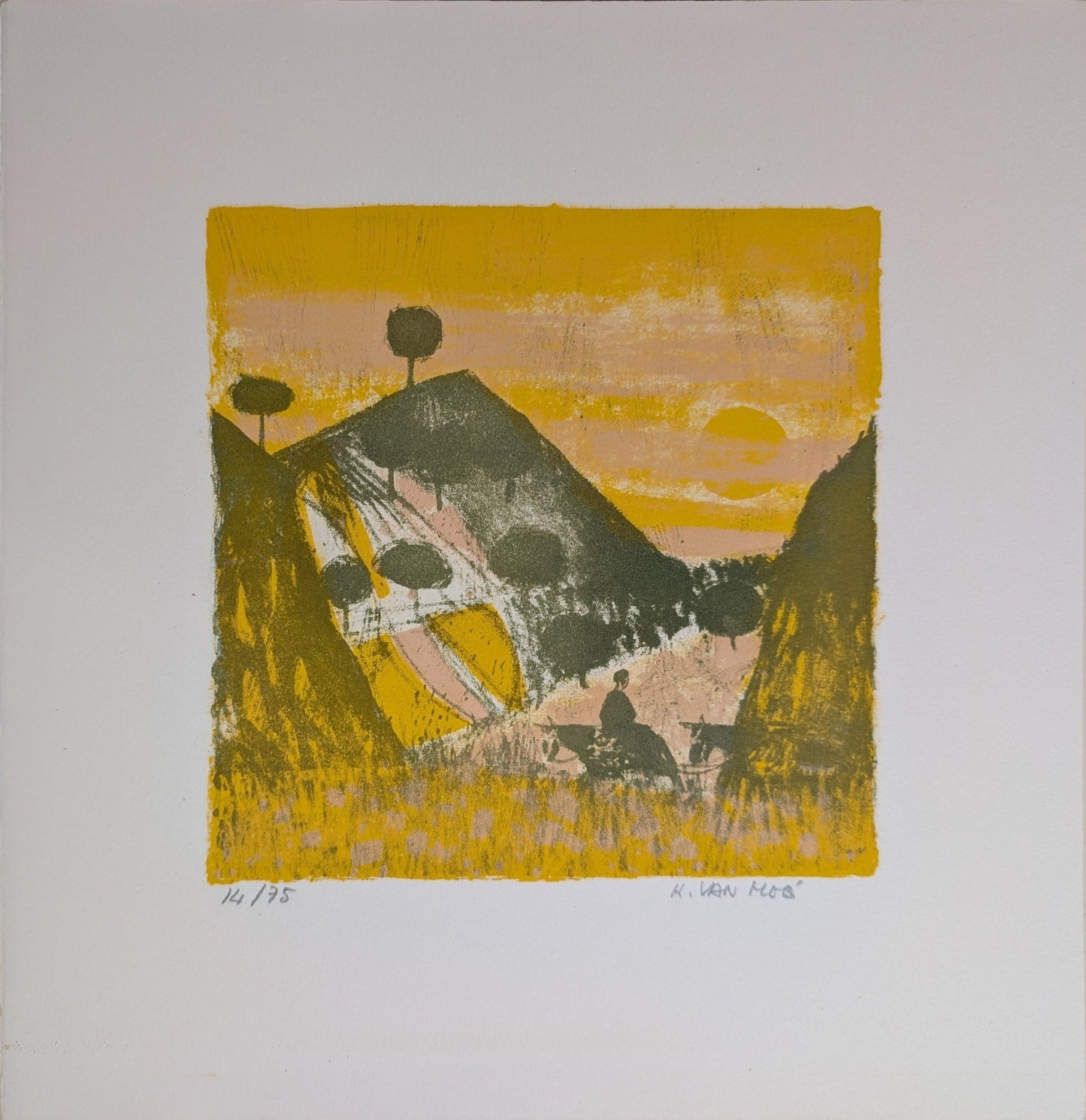 Untitled Landscape by Henri Van Moe | 1960s Signed Limited Edition | Sunset Mountain Scene - Lithograph - Pink Flamingos