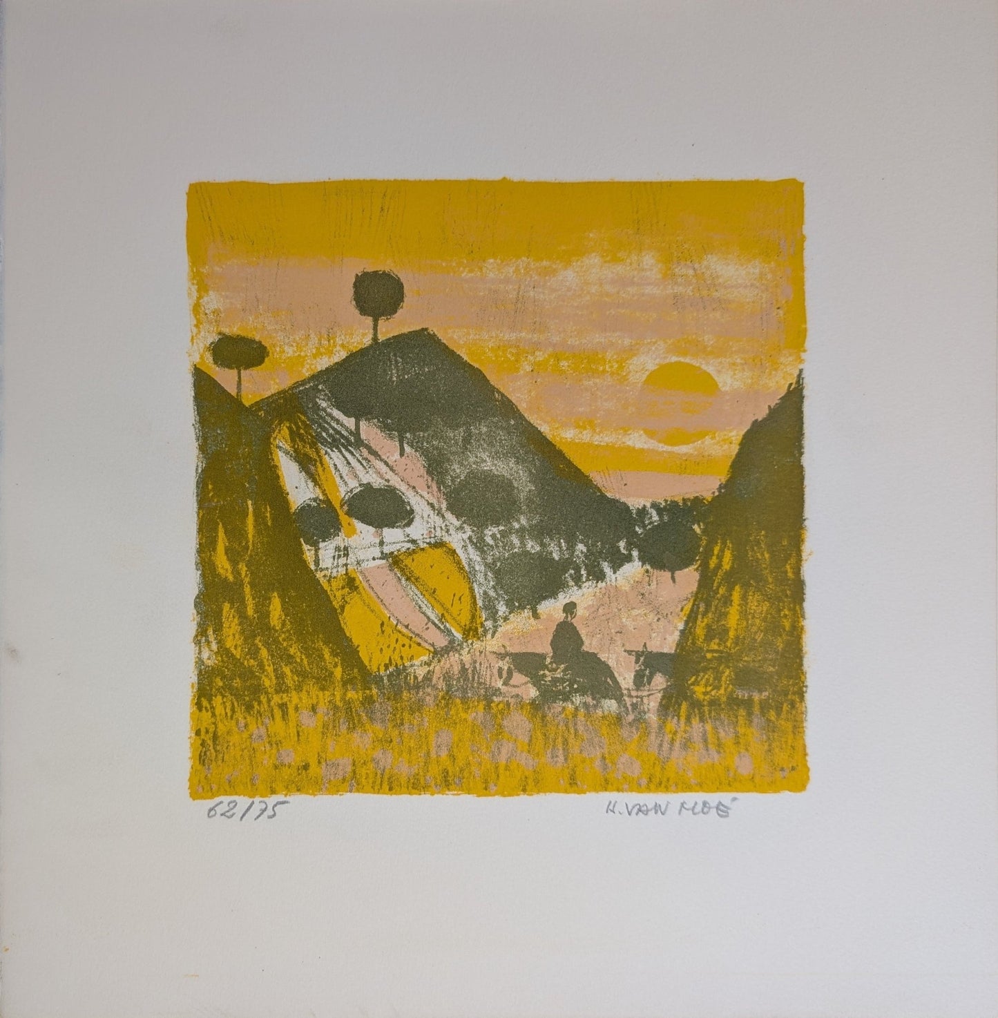 Untitled Landscape by Henri Van Moe | 1960s Signed Limited Edition | Sunset Mountain Scene - Lithograph - Pink Flamingos