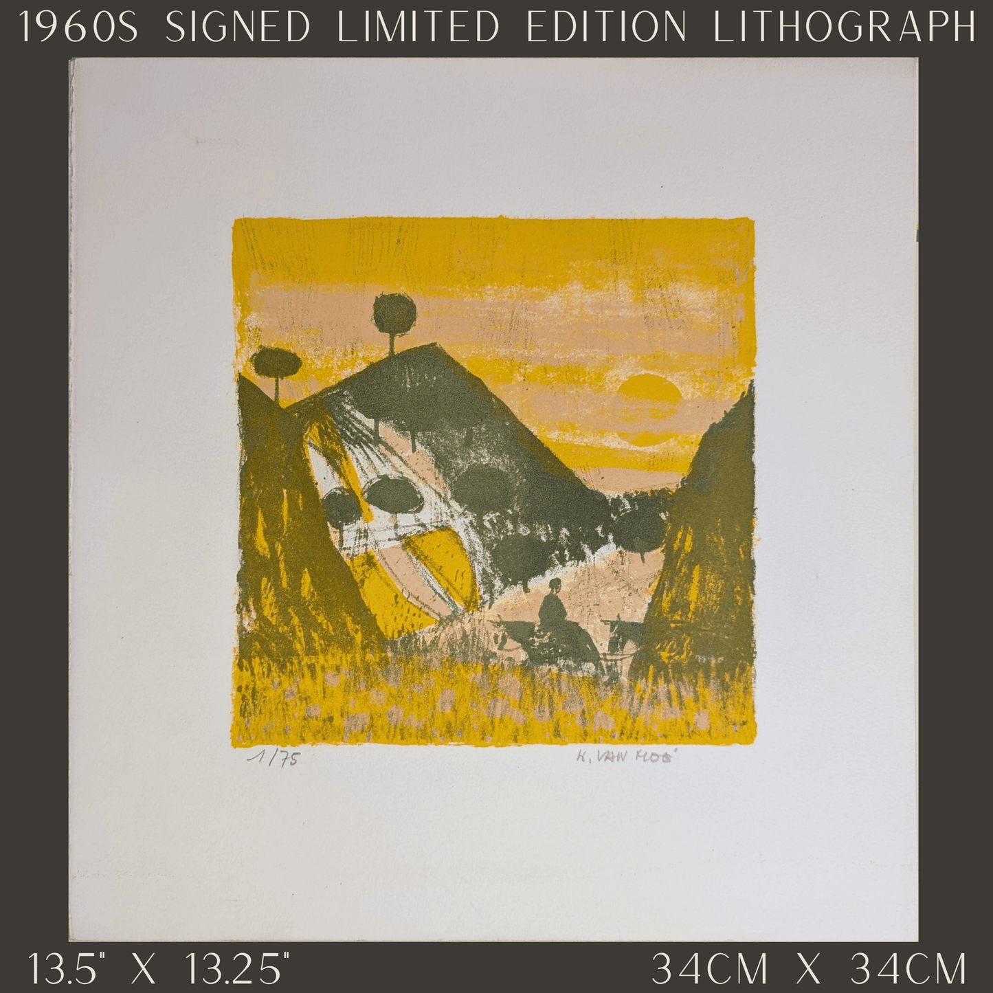 Untitled Landscape by Henri Van Moe | 1960s Signed Limited Edition | Sunset Mountain Scene - Lithograph - Pink Flamingos