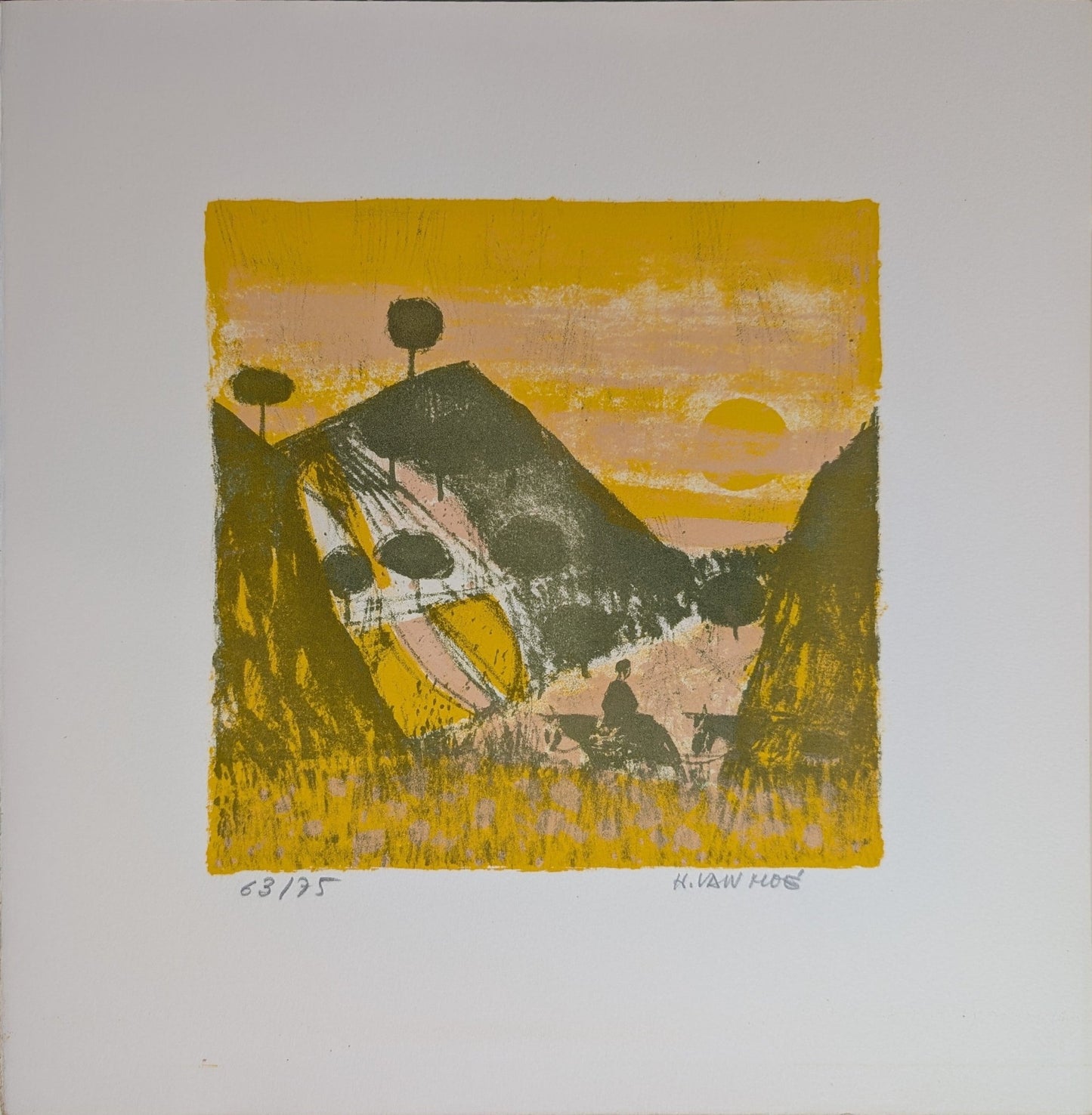 Untitled Landscape by Henri Van Moe | 1960s Signed Limited Edition | Sunset Mountain Scene - Lithograph - Pink Flamingos