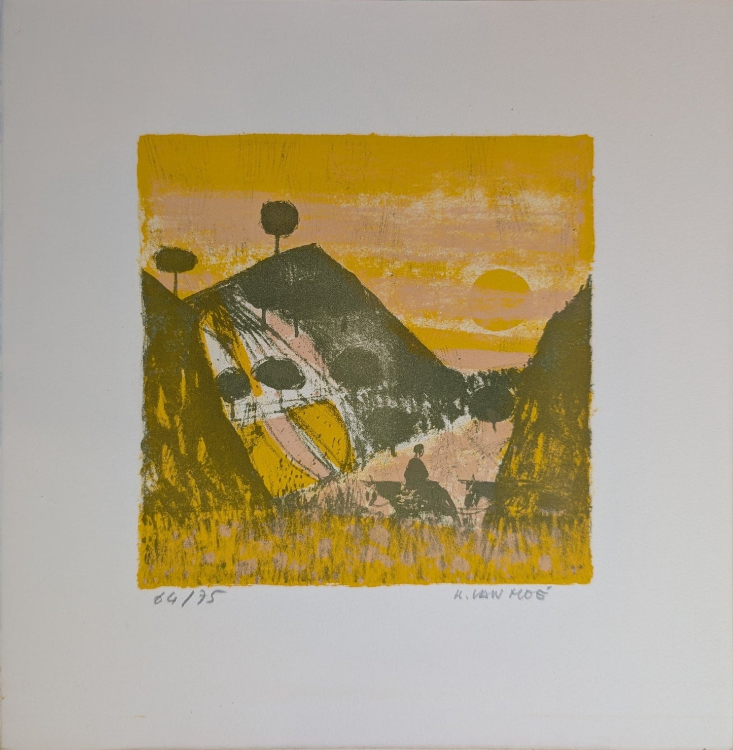 Untitled Landscape by Henri Van Moe | 1960s Signed Limited Edition | Sunset Mountain Scene - Lithograph - Pink Flamingos