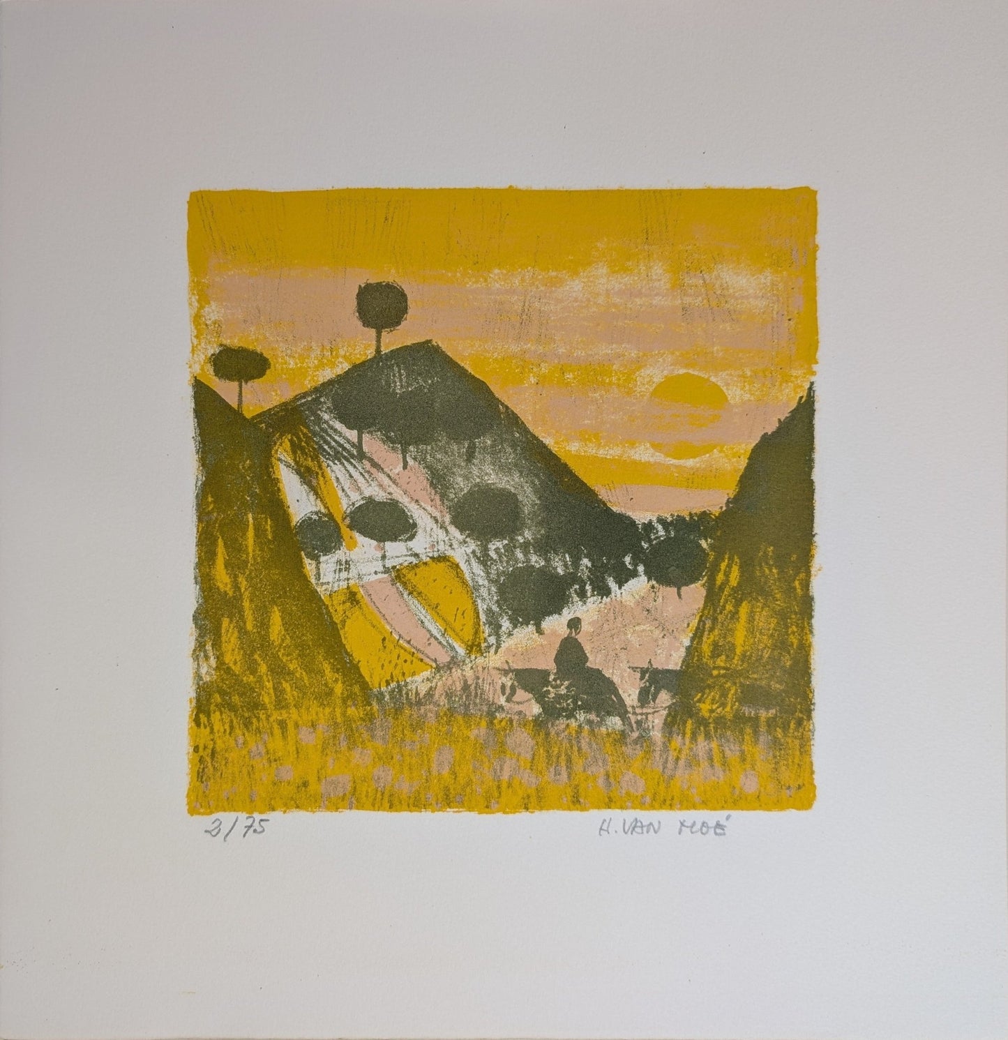 Untitled Landscape by Henri Van Moe | 1960s Signed Limited Edition | Sunset Mountain Scene - Lithograph - Pink Flamingos