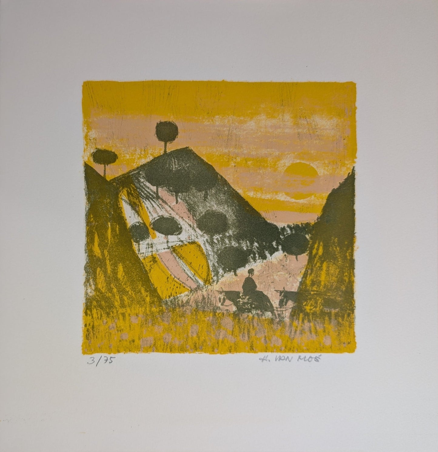 Untitled Landscape by Henri Van Moe | 1960s Signed Limited Edition | Sunset Mountain Scene - Lithograph - Pink Flamingos