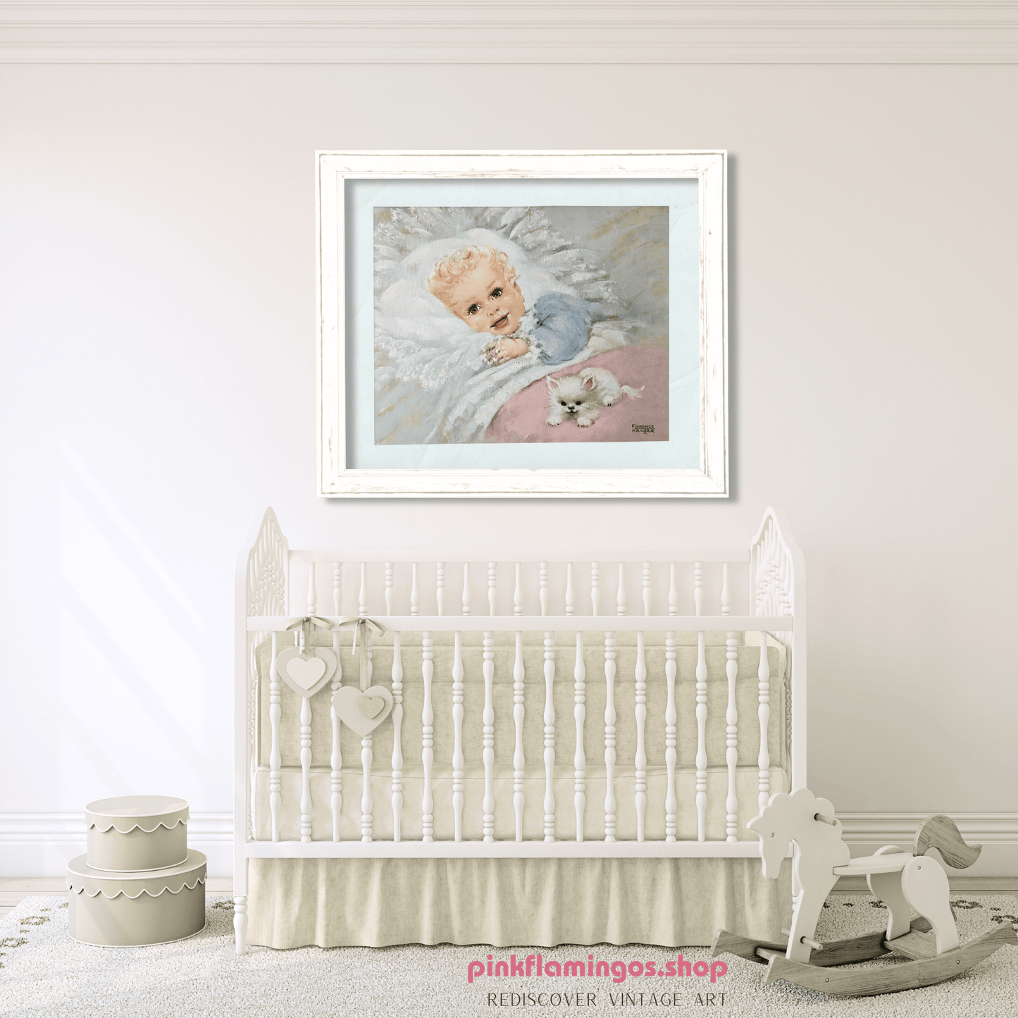 Wake - up Time by Florence Kroger | 1958 Vintage Lithograph | Kitten & Crib Nursery Art - Offset Lithograph - Pink Flamingos
