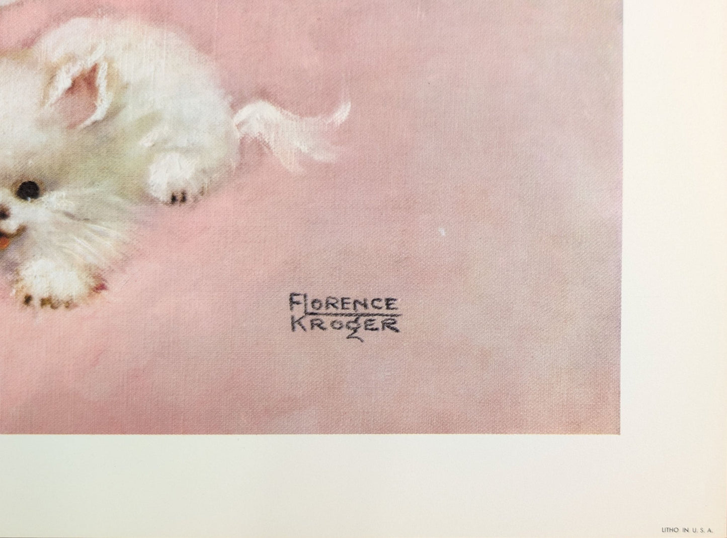 Wake - up Time by Florence Kroger | 1958 Vintage Lithograph | Kitten & Crib Nursery Art - Offset Lithograph - Pink Flamingos