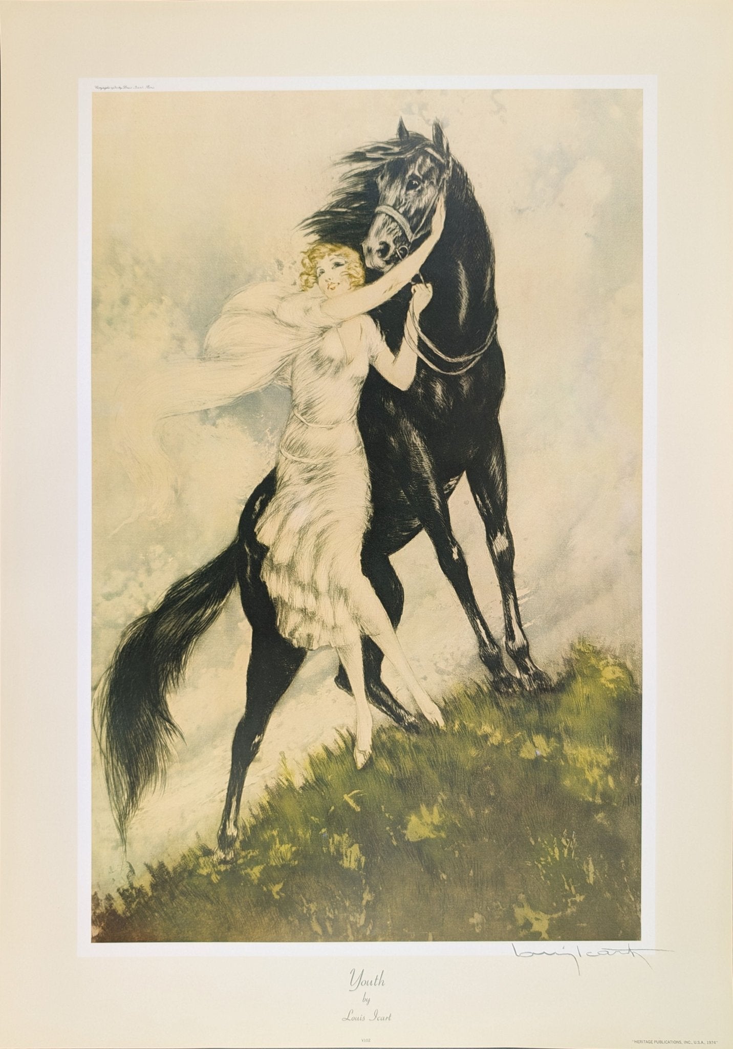 Youth by Louis Icart | 1970s French Art Deco Lithograph | Romantic Vintage Wall Art - Offset Lithograph - Pink Flamingos