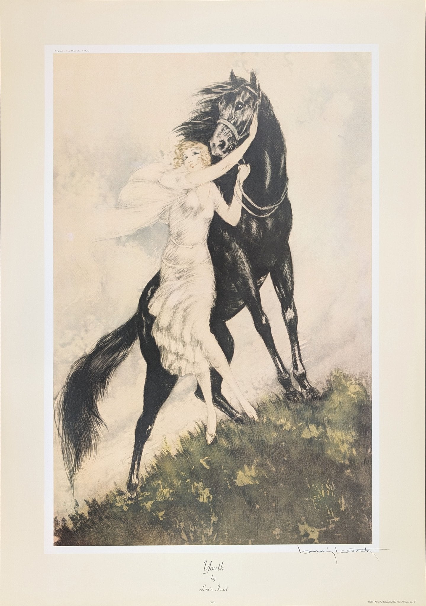 Youth by Louis Icart | 1970s French Art Deco Lithograph | Romantic Vintage Wall Art - Offset Lithograph - Pink Flamingos