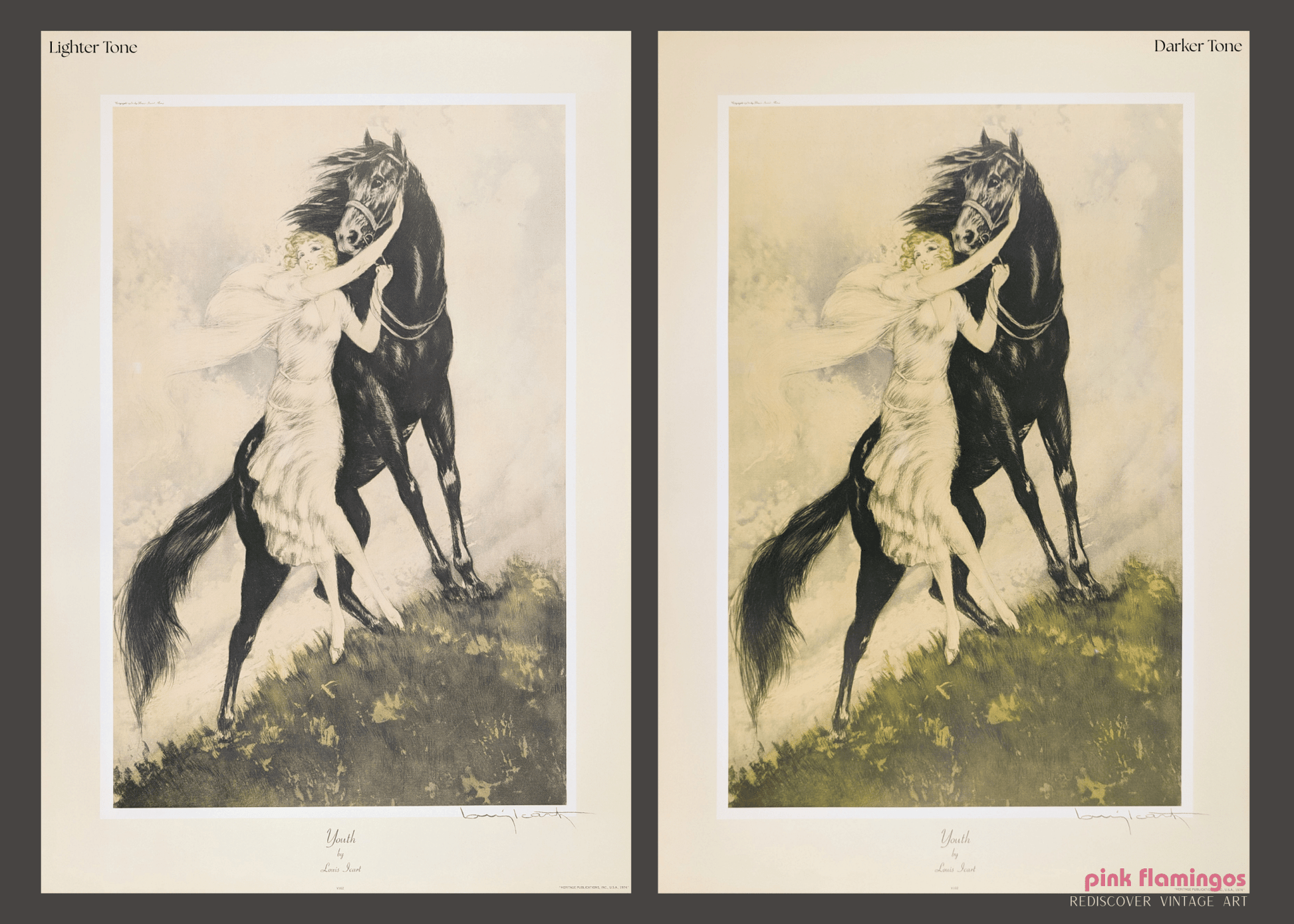 Youth by Louis Icart | 1970s French Art Deco Lithograph | Romantic Vintage Wall Art - Offset Lithograph - Pink Flamingos