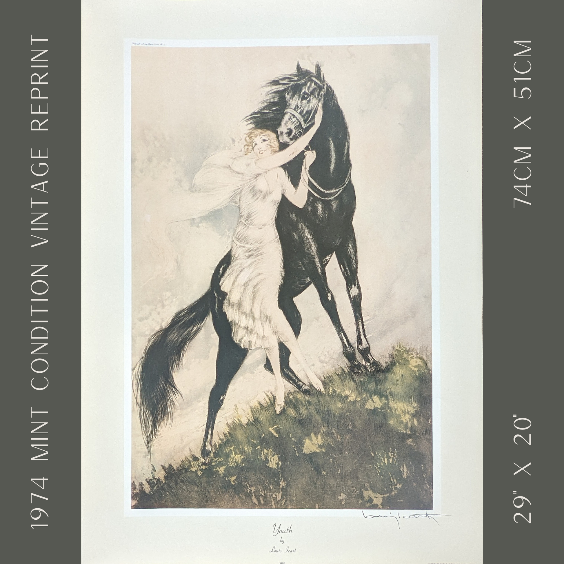 Youth by Louis Icart, mint condition vintage French Art Deco lithograph printed in the 1970s - Offset Lithograph - Pink Flamingos